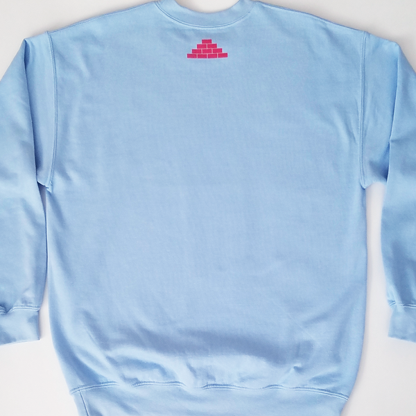 Back of light blue crewneck sweatshirt with red build daily brick by brick logo