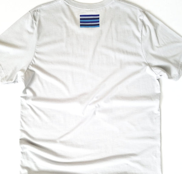 Back of white t shirt with build daily stripes logo