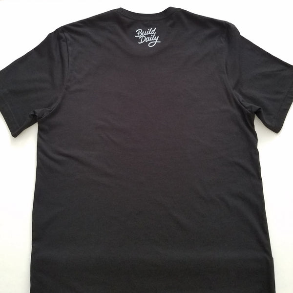 Back of black t shirt with white build daily signature logo