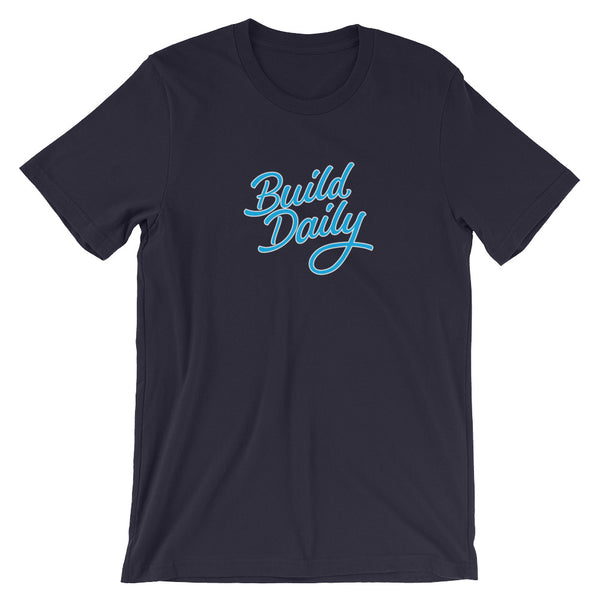 Navy blue t shirt with light blue and white build daily signature logo