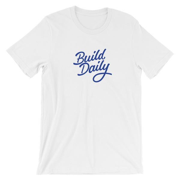 White t shirt with royal blue build daily signature logo