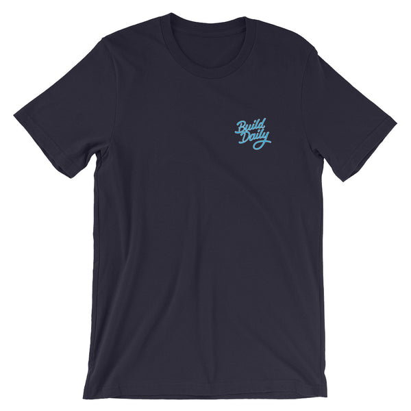 Navy blue t shirt with light blue and white build daily signature logo