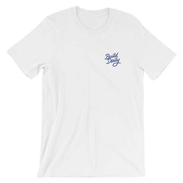 White t shirt with royal blue build daily signature logo