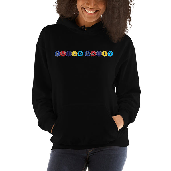 Woman wearing black hooded sweatshirt with build daily circle design