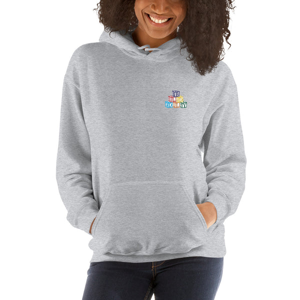 Woman wearing grey hooded sweatshirt with build daily building blocks design