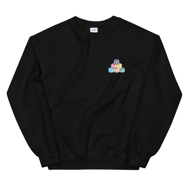 Black crewneck sweatshirt with build daily building blocks design