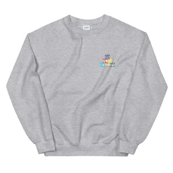 Grey crewneck sweatshirt with build daily building blocks design