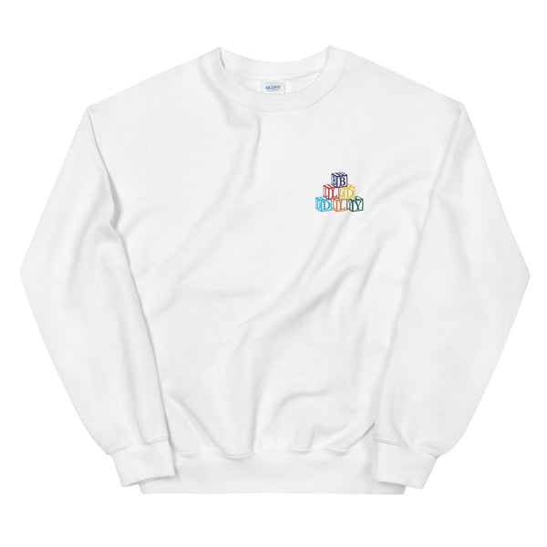 White crewneck sweatshirt with build daily building blocks design