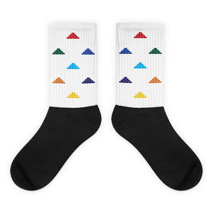 White and black socks with multi color build daily brick by brick logo