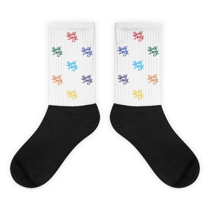 White and black socks with multi color build daily signature logo