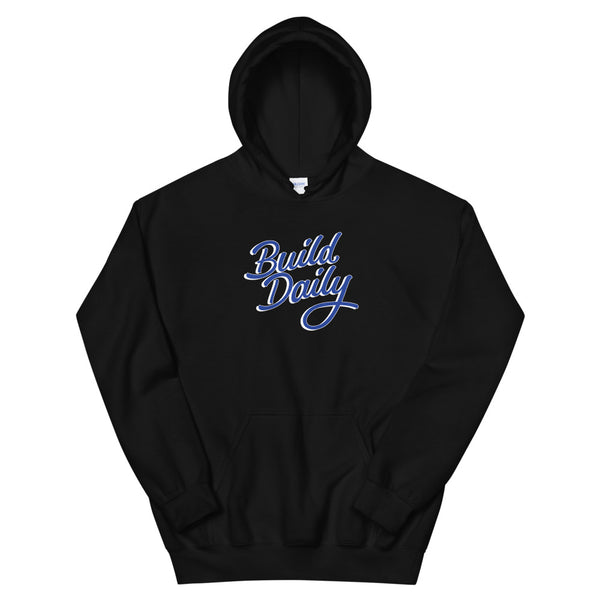 Black hooded sweatshirt with royal blue and white build daily signature logo