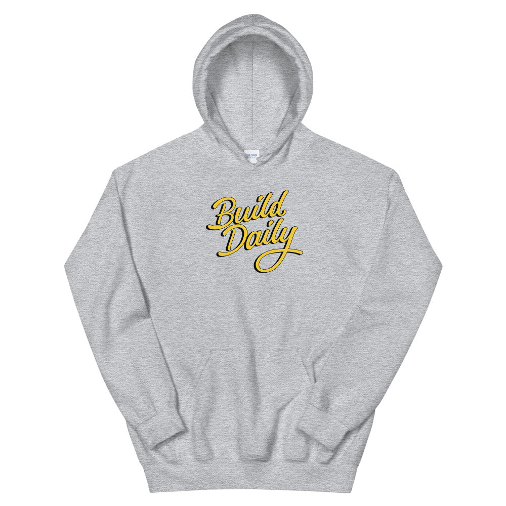 Grey hooded sweatshirt with yellow and black build daily signature logo