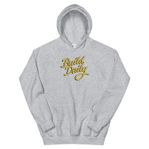 Grey hooded sweatshirt with yellow and black build daily signature logo