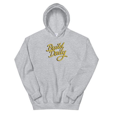 Grey hooded sweatshirt with yellow and black build daily signature logo