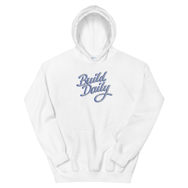 White hooded sweatshirt with grey and royal blue build daily signature logo