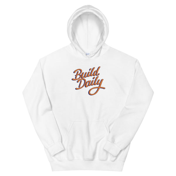 White hooded sweatshirt with orange and navy blue build daily signature logo