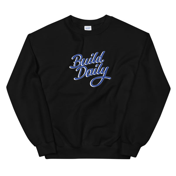 Black crewneck sweatshirt with royal blue and white build daily signature logo
