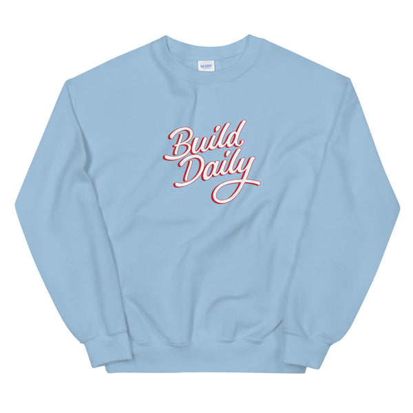 Light blue crewneck sweatshirt with white and red build daily signature logo
