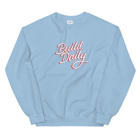 Light blue crewneck sweatshirt with white and red build daily signature logo