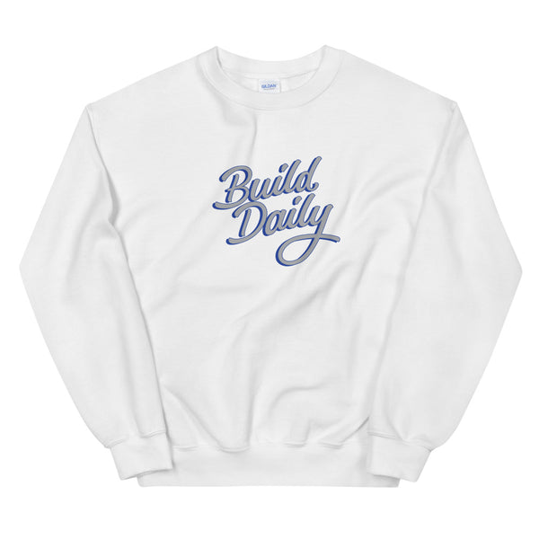 White crewneck sweatshirt with grey and royal blue build daily signature logo