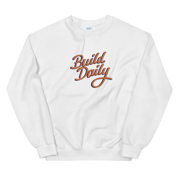 White crewneck sweatshirt with orange and navy blue build daily signature logo