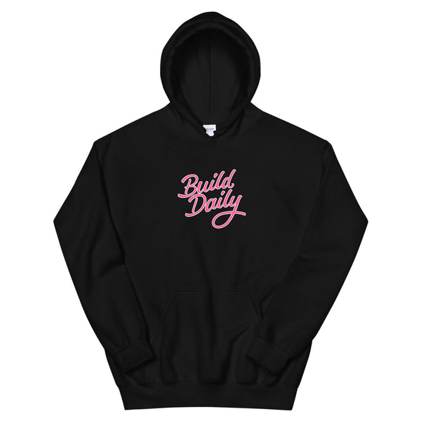 Black hooded sweatshirt with pink and white build daily signature logo