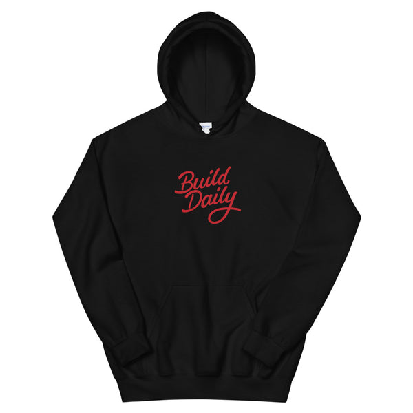 Black hooded sweatshirt with red build daily signature logo