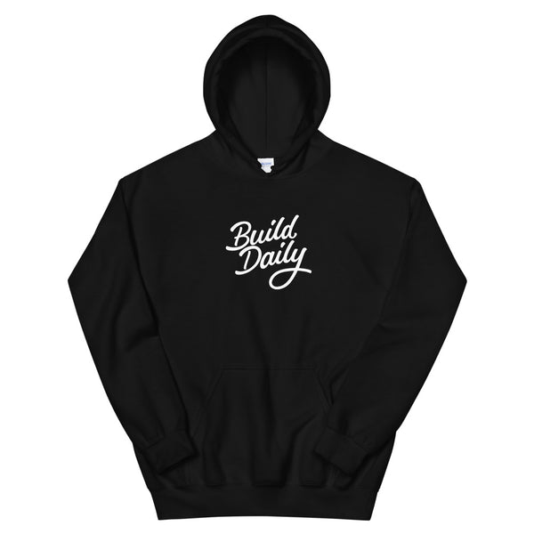 Black hooded sweatshirt with white build daily signature logo