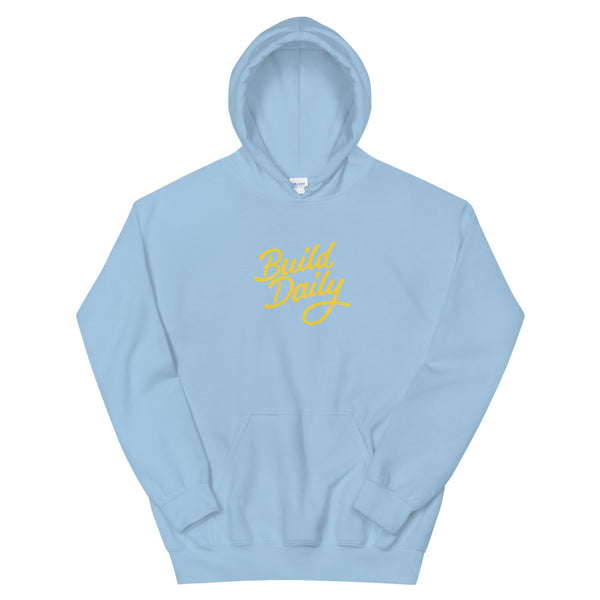 Light blue hooded sweatshirt with yellow build daily signature logo