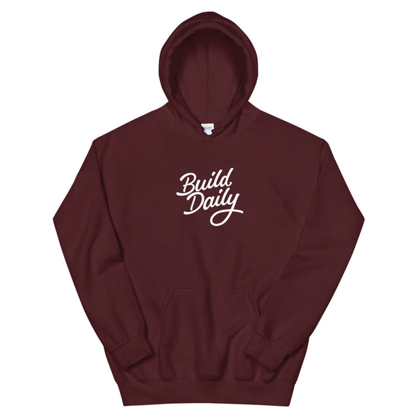 Maroon hooded sweatshirt with white build daily signature logo