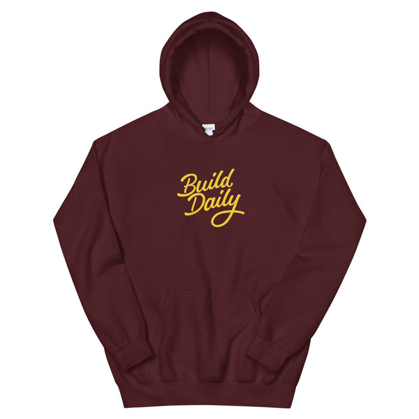 Maroon hooded sweatshirt with yellow build daily signature logo