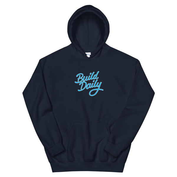Navy blue hooded sweatshirt with light blue and white build daily signature logo