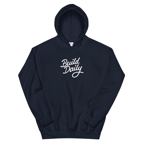 Navy blue hooded sweatshirt with white build daily signature logo