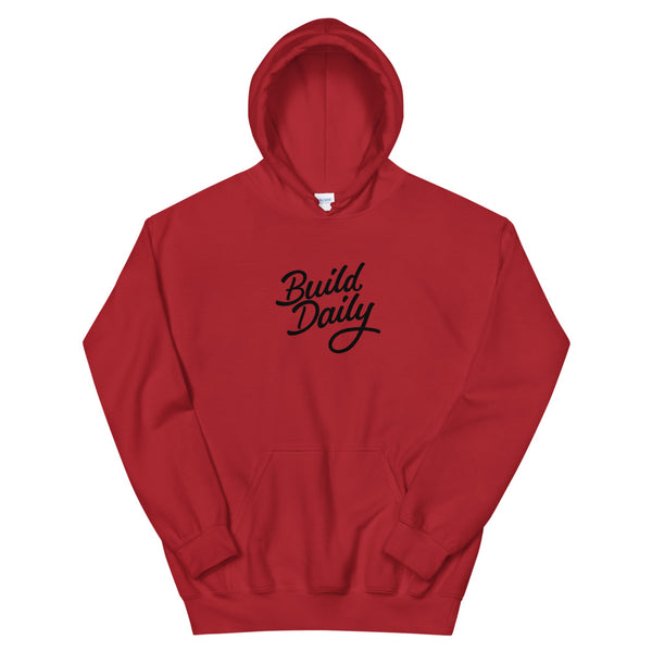 Red hooded sweatshirt with black build daily signature logo