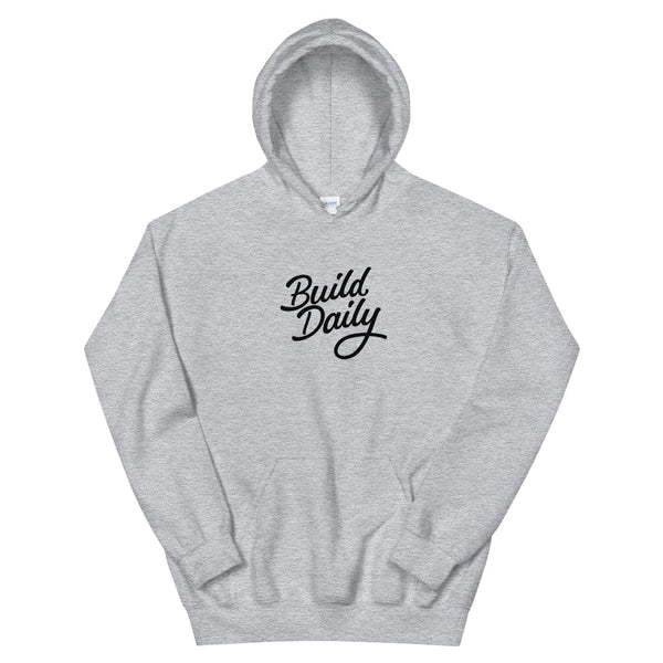 Grey hooded sweatshirt with black build daily signature logo