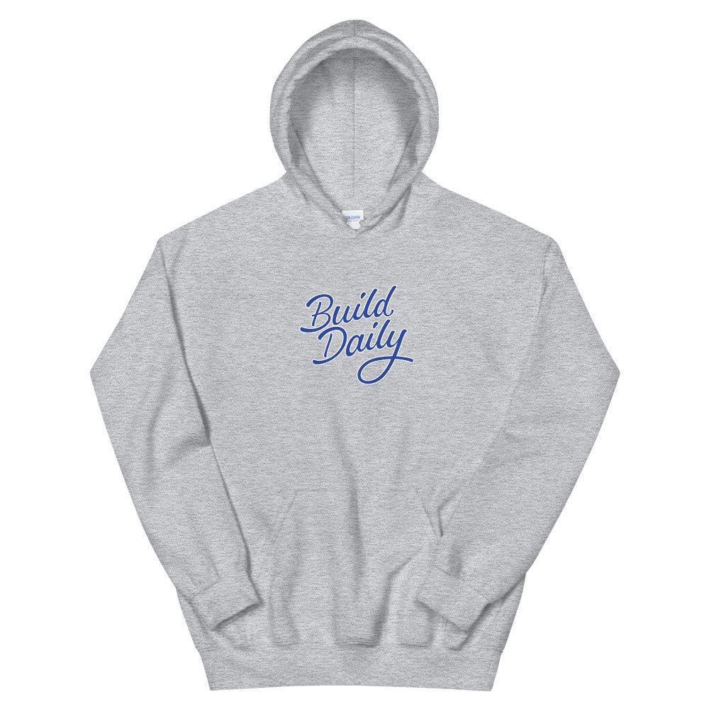 Grey hooded sweatshirt with royal  blue and white build daily signature logo