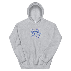 Grey hooded sweatshirt with royal  blue and white build daily signature logo