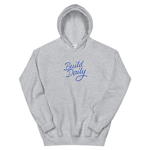 Grey hooded sweatshirt with royal  blue and white build daily signature logo