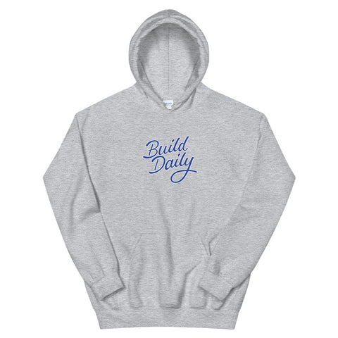 Grey hooded sweatshirt with royal  blue and white build daily signature logo