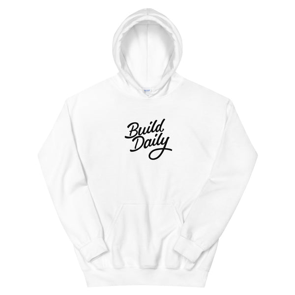 White hooded sweatshirt with black build daily signature logo