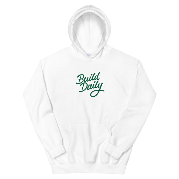 White hooded sweatshirt with green build daily signature logo