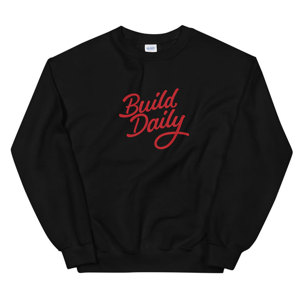 Black crewneck sweatshirt with red build daily signature logo