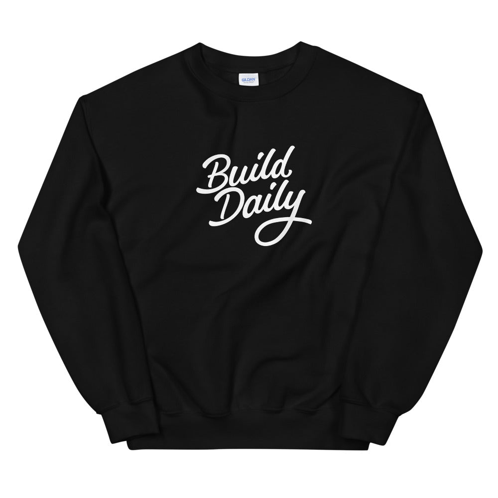 Black crewneck sweatshirt with white build daily signature logo