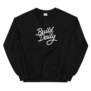 Black crewneck sweatshirt with white build daily signature logo