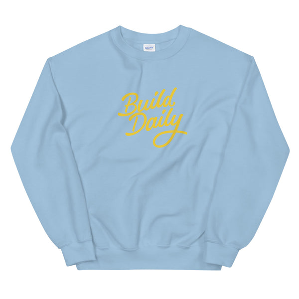 Light blue crewneck sweatshirt with yellow build daily signature logo