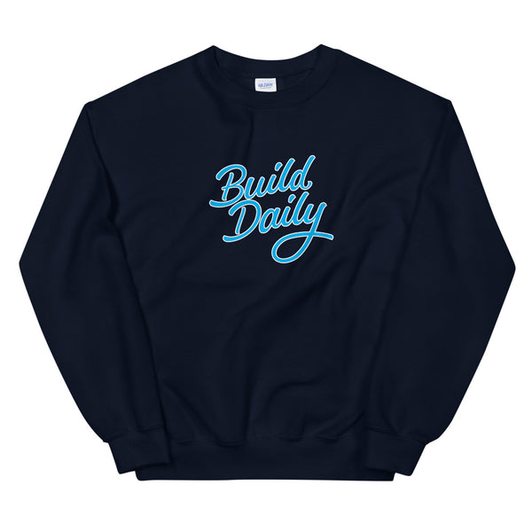 Navy blue crewneck sweatshirt with light blue and white build daily signature logo