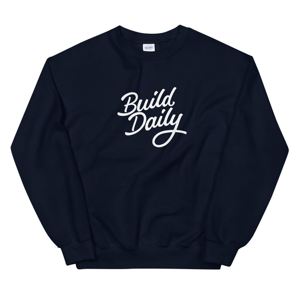 Navy blue crewneck sweatshirt with white build daily signature logo