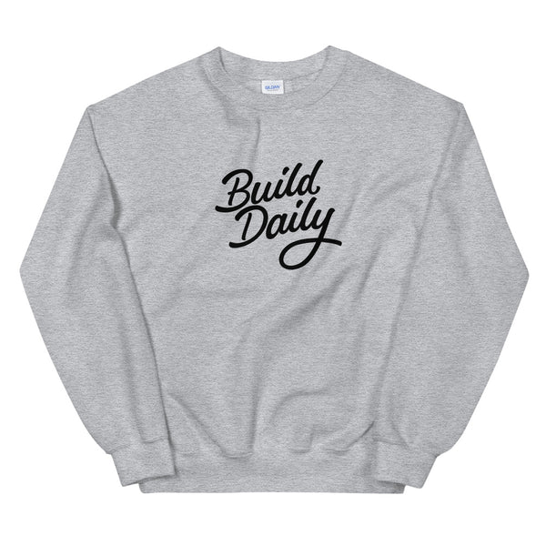 Grey crewneck sweatshirt with black build daily signature logo