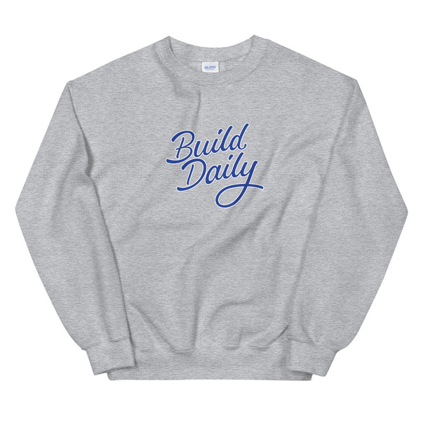 Grey crewneck sweatshirt with royal blue and white build daily signature logo
