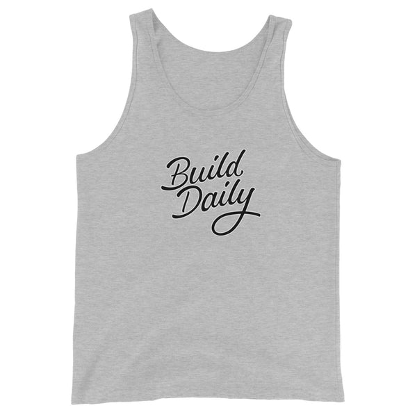 Grey tank top shirt with black and white build daily signature logo